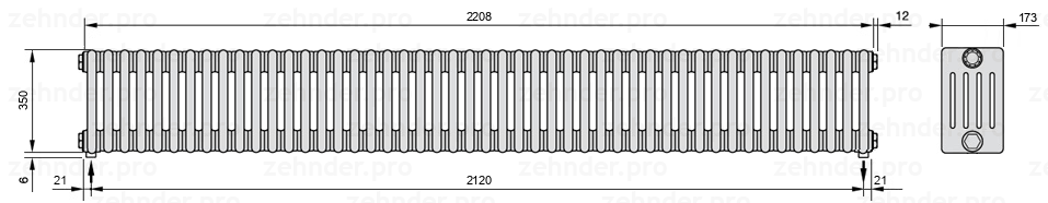 Схема (чертеж) Радиатор Zehnder Charleston 5035/48 №3570 Белый глянцевый RAL 9016